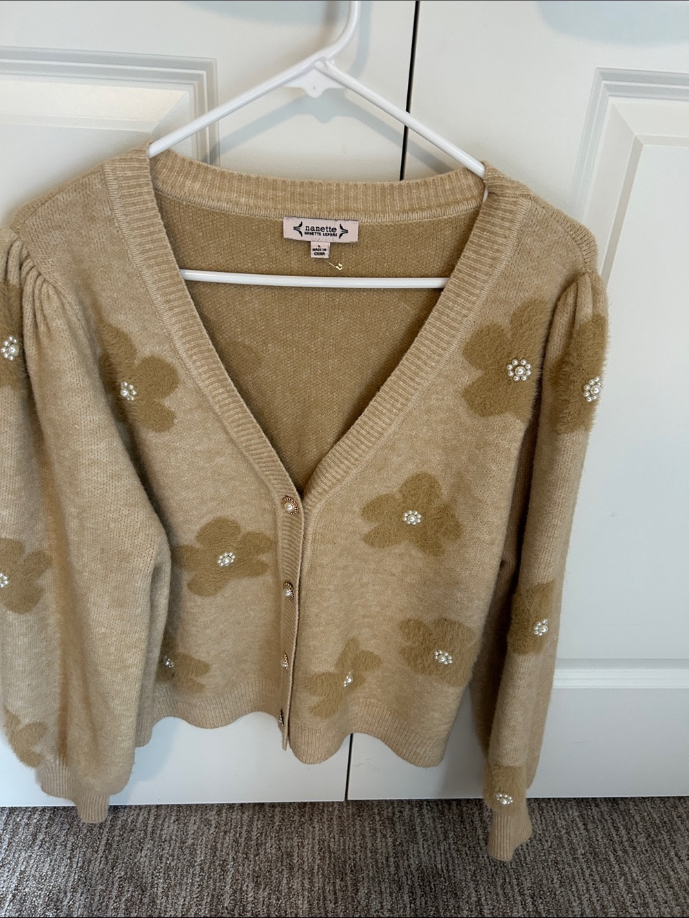 Nanette Lepore Beige Floral Pearl-Accent V-Neck Cardigan